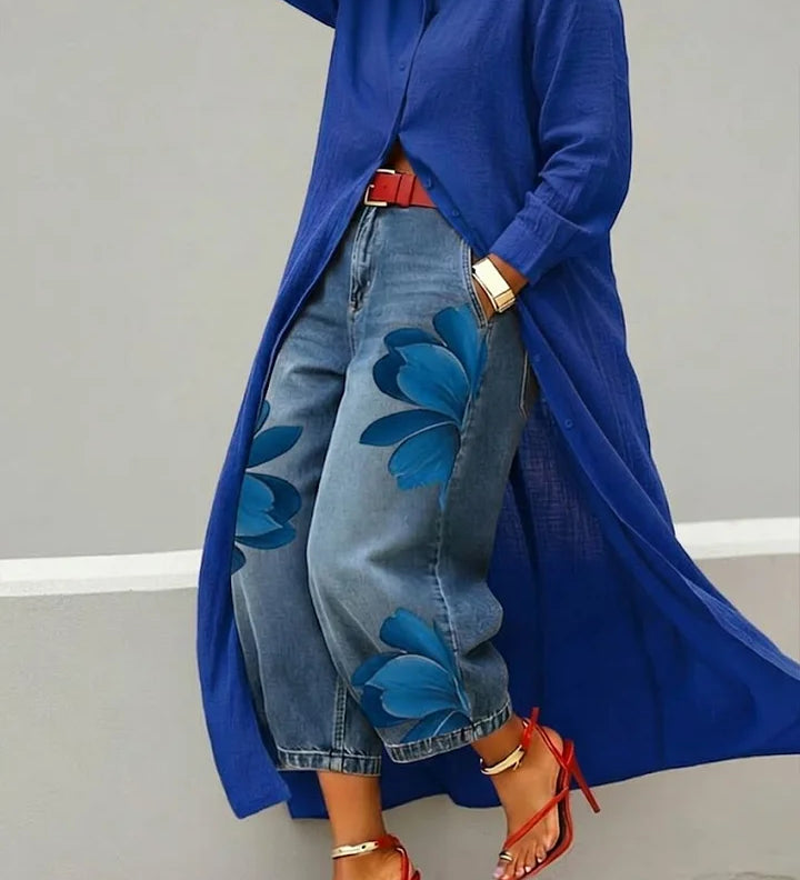 Maud – Robe-chemise en lin et jean à fleurs