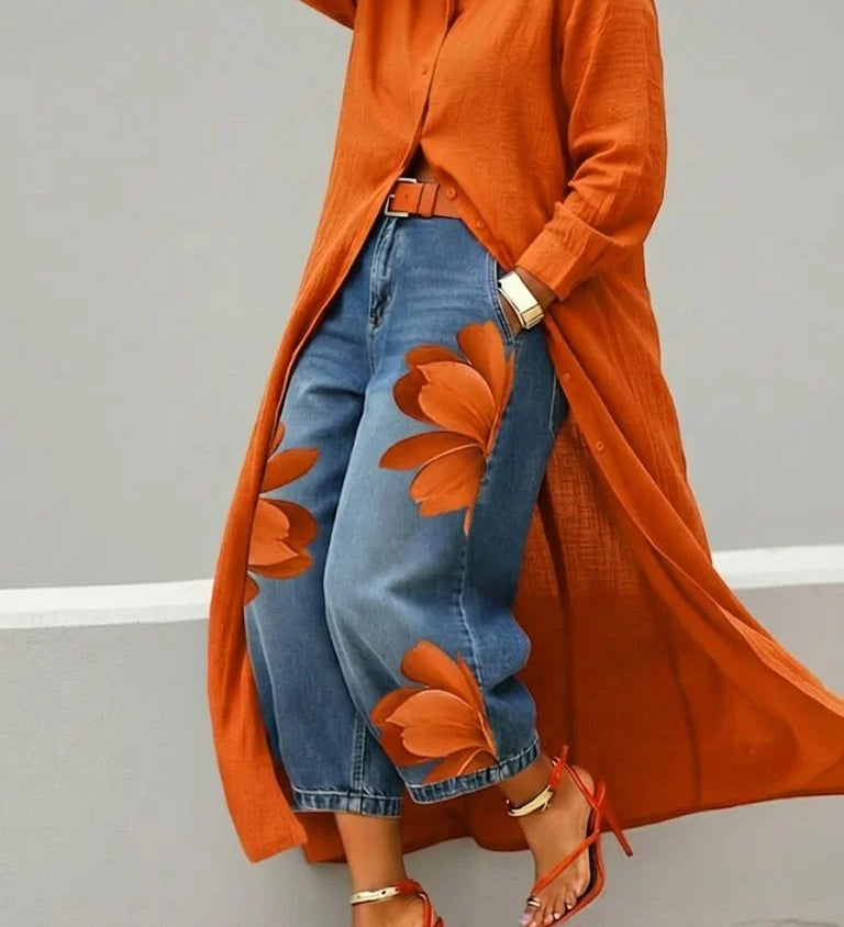 Maud – Robe-chemise en lin et jean à fleurs