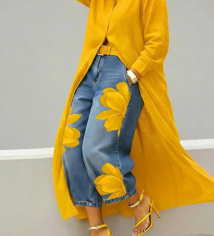 Maud – Robe-chemise en lin et jean à fleurs