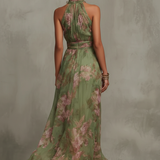 Amelia - Robe Maxi Chiffon à Fleurs Vertes à Décolleté Halter