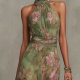 Amelia - Robe Maxi Chiffon à Fleurs Vertes à Décolleté Halter