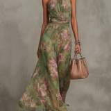 Amelia - Robe Maxi Chiffon à Fleurs Vertes à Décolleté Halter